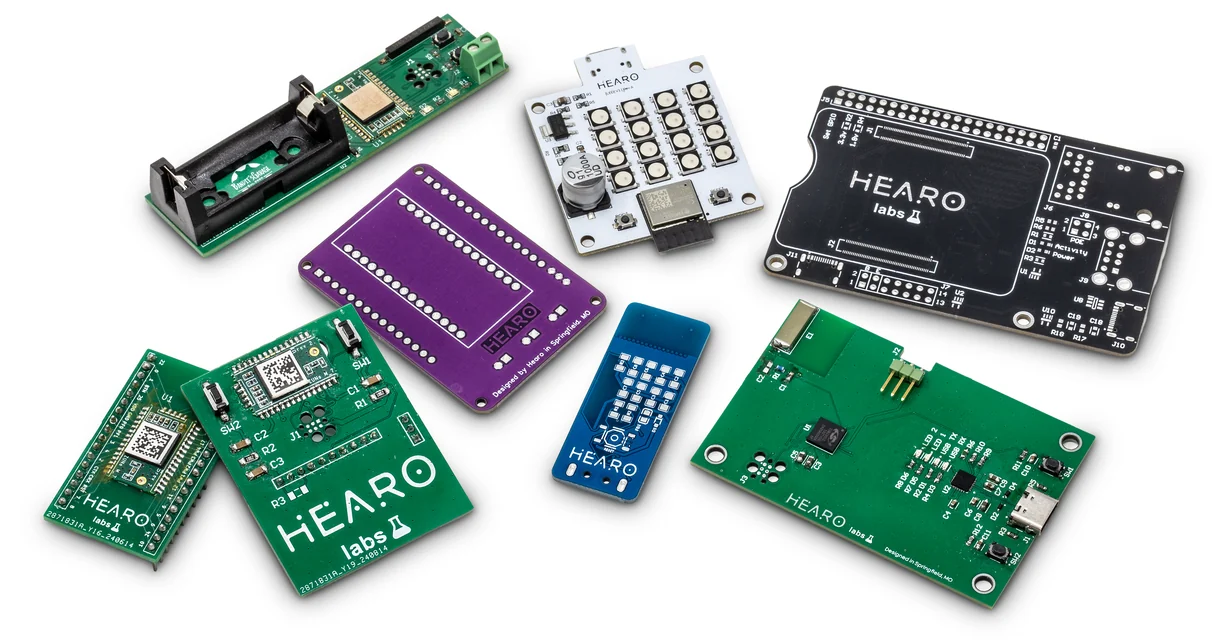 A spread of Hearo Labs circuit boards