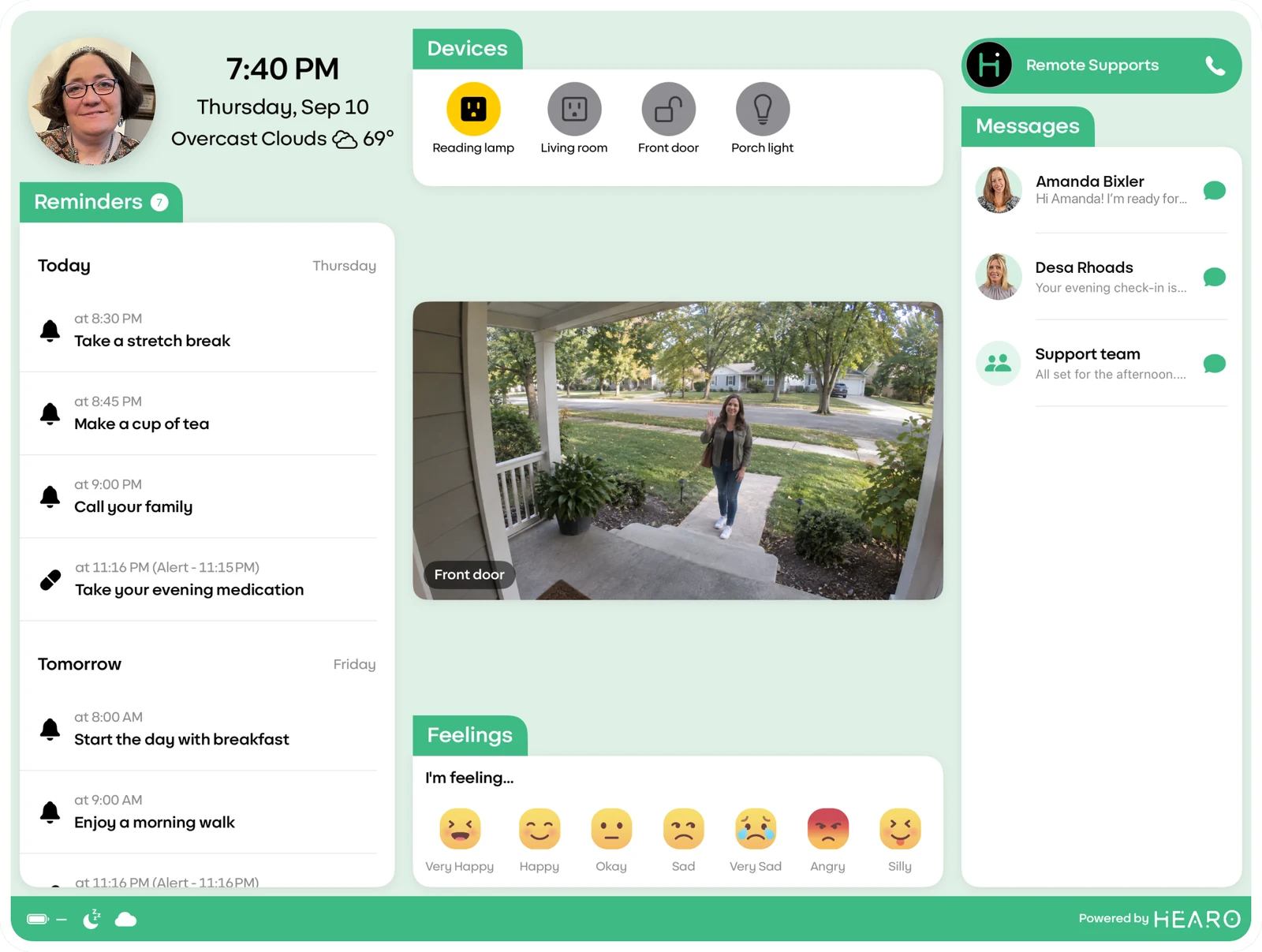 Hearo One on iPad: Kathy's photo with the time and weather, her reminders, home controls, the front-door camera, feelings, and messages from Amanda and Desa