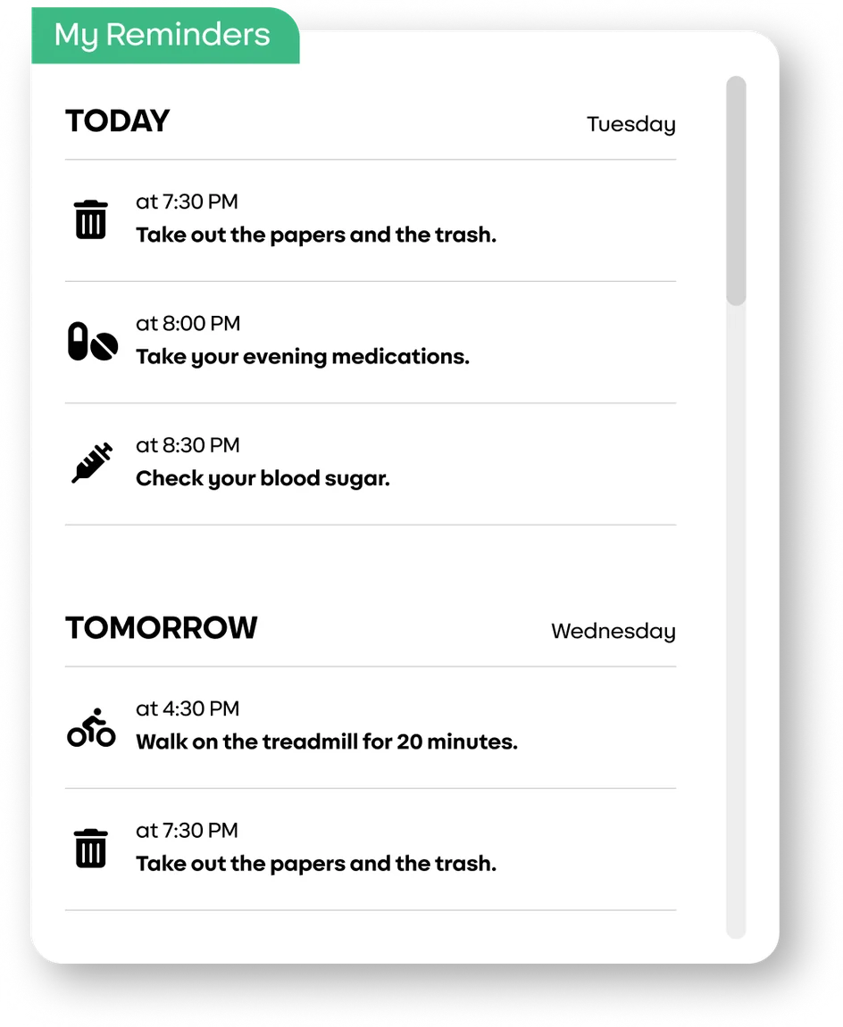 The My Reminders panel on the Hearo tablet, listing today’s and tomorrow’s reminders