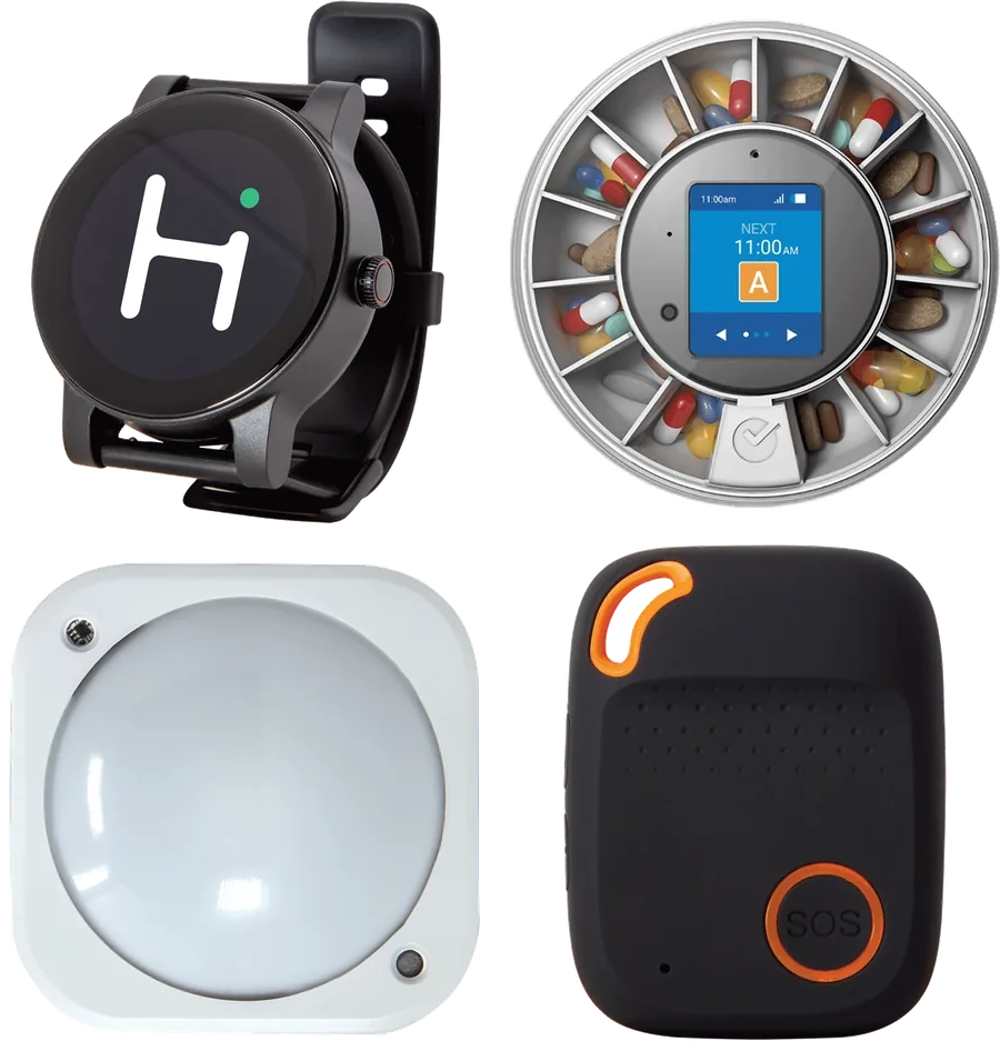 Hearo devices in turn: the Hearo Watch, a door sensor, a help button, a smart light and more