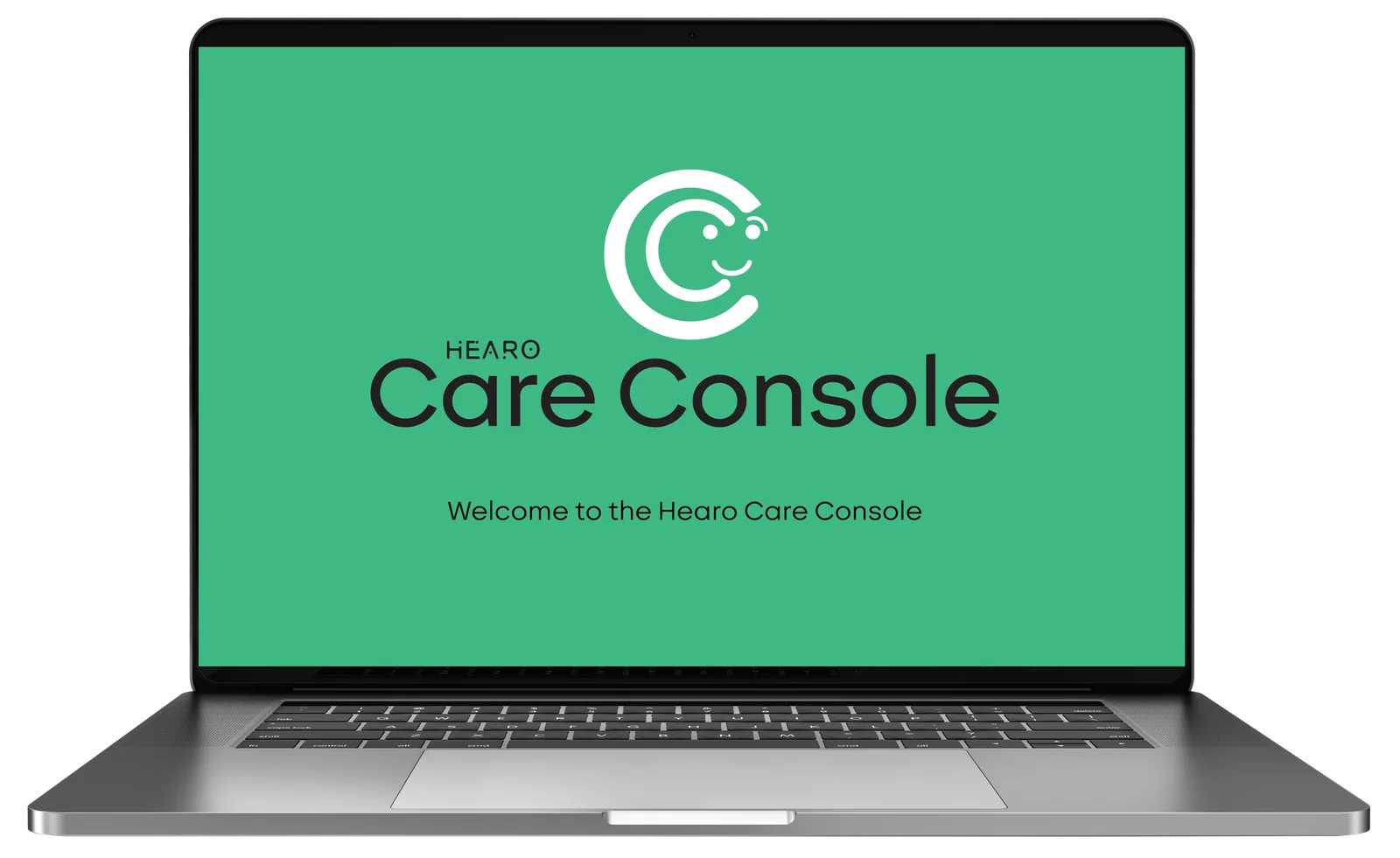 A laptop showing the Hearo Care Console welcome screen