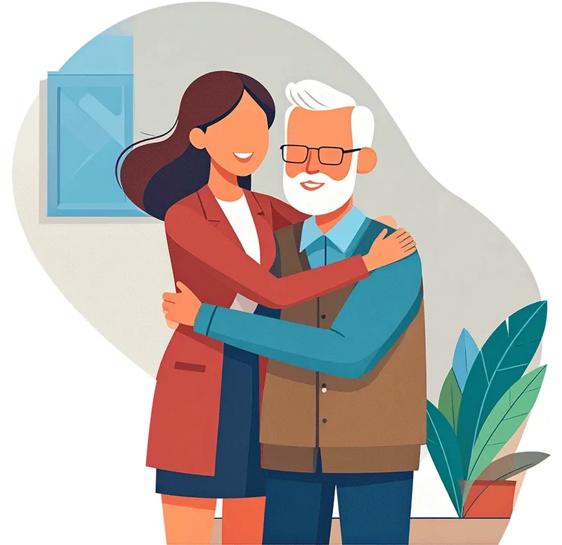 Illustration: a support professional at a desk, an older man and his caregiver embracing, and a tablet video call