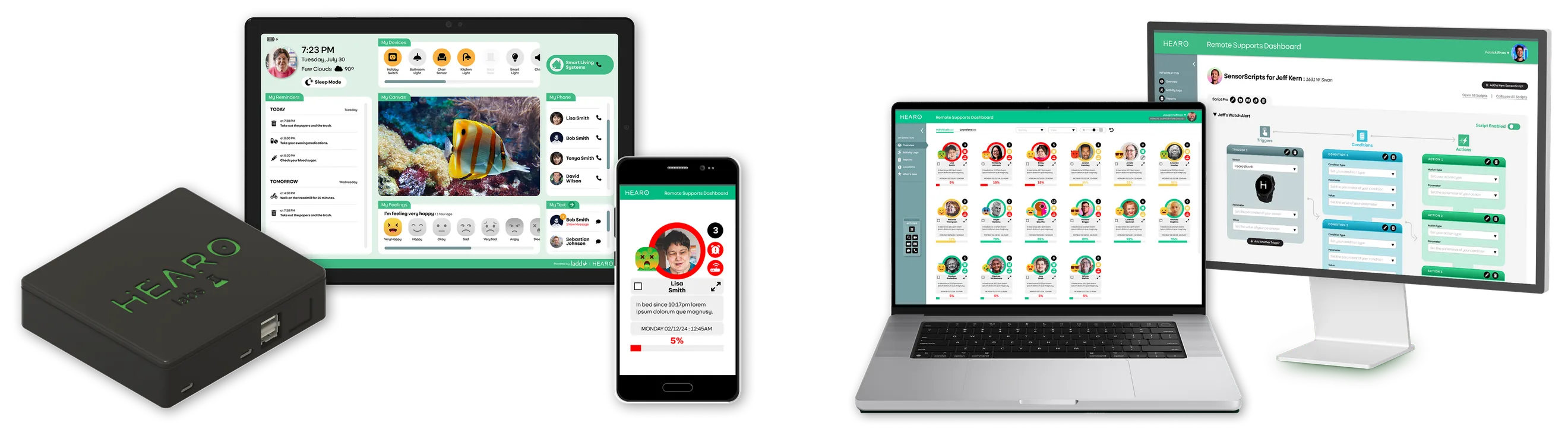Hearo on every screen: the Hearo Hub with a tablet and phone, and the Care Console on a laptop and desktop